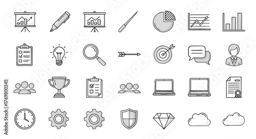 A comprehensive collection of business-themed line icons, featuring presentation boards with charts, markers, pie charts, line graphs, bar charts, clipboards, lightbulbs, magnifying glasses, arrows