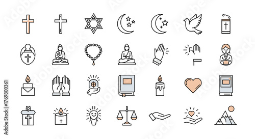 A comprehensive collection of linear icons representing various religions and principles, featuring symbols like crosses, Star of David, crescent moon, Buddha, rosary beads, praying hands, candles