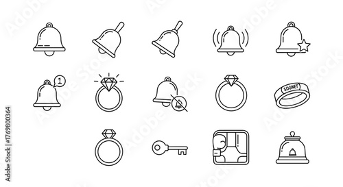 Collection of Line Icons Featuring Rings and Bells with Editable Stroke, Perfect for Infographics, Articles, Books, Flyers, and Banners, Vector Cartoon Illustration with a White Background