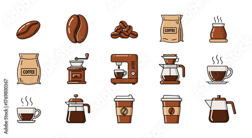 Collection of modern outline style icons representing various coffee-related items, including beans, bags, grinders, coffee makers, pour-over devices, cups, and thermoses, all rendered in a vibrant