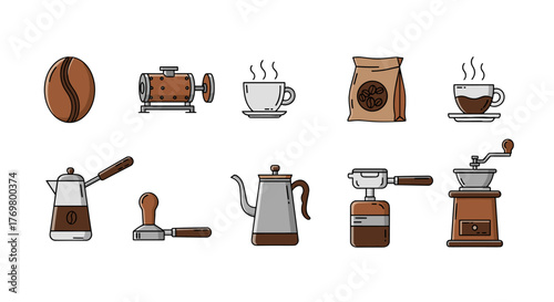 A collection of minimalistic linear vector illustrations depicting various coffee-related items, including a coffee bean, grinder, cups, and brewing equipment, presented on a black background for