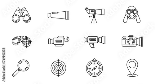 Set of 12 outline icons related to binoculars and observation, including binoculars, telescopes, cameras, magnifying glass, compass, and location pin, perfect for graphic and web design, apps