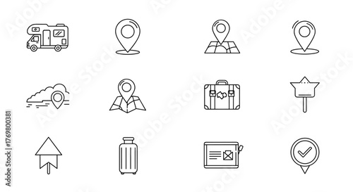 Collection of thin line icons representing travel and navigation, including a motorhome, map pins, baggage, and direction pointers, suitable for web, books, cards, and apps, with editable strokes and