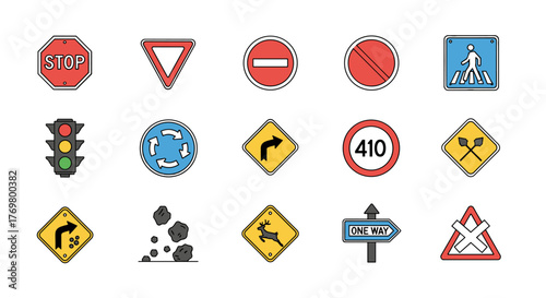 Collection of vivid, flat design road signs and traffic symbols, including stop, yield, pedestrian crossing, traffic lights, roundabout, speed limit, and warning signs, perfect for web, apps, and