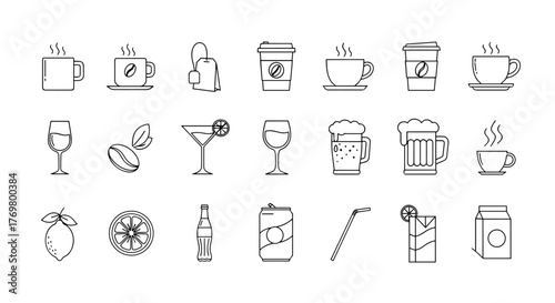 Collection of beverage-related line icons, featuring cups, coffee beans, tea bags, cocktails, beer mugs, soda cans, and juice boxes, perfect for graphic and web design, apps, adverts, and various