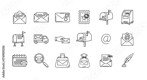 Set of envelope and mail related line icons, outline signs for graphic and web design, apps, adverts, various cards, vector cartoon illustration with a quill pen, calendar, magnifying glass, and