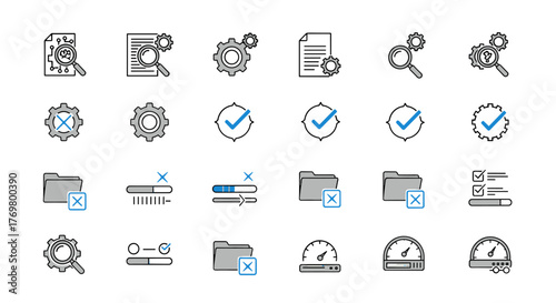 Quality control set of web icons in line style, featuring quality check, computing icons, gears, magnifying glass, progress bars, folders with checkmarks and crosses, and speedometers, presented on a