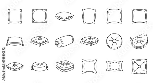 Collection of outline icons representing various pillows and cushions, including square, round, and bolster shapes, with editable strokes, perfect for infographics, articles, books, flyers, and