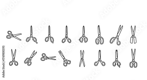 A collection of minimalistic thin outline icons representing various types of scissors, perfect for web and graphic design, apps, banners, social networks, and cards. This vector cartoon illustration