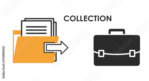 Conceptual vector illustration depicting an action plan workflow, showing documents in a folder being transferred to a briefcase, symbolizing strategy, implementation, and business collection