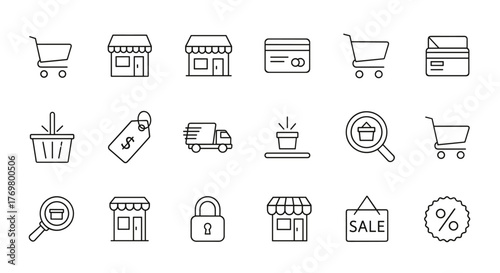 E-commerce and online shopping thin line icons set, featuring shopping carts, stores, credit cards, delivery trucks, shopping baskets, price tags, search magnifying glasses, locks, sale signs, and
