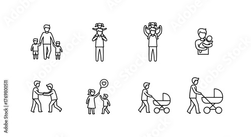 Father and child line icon set, showcasing dad with son, daughter, and baby, representing fatherhood, parenting, and family life with ordered vector outline symbols for diverse paternal relationships