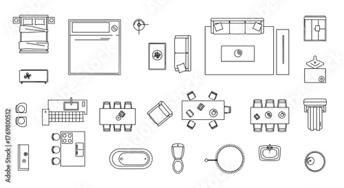 Set of isolated linear icons for interior design, top view. Vector illustration of furniture and elements for apartments, including living room sofa, coffee table, dining table with chairs, bed