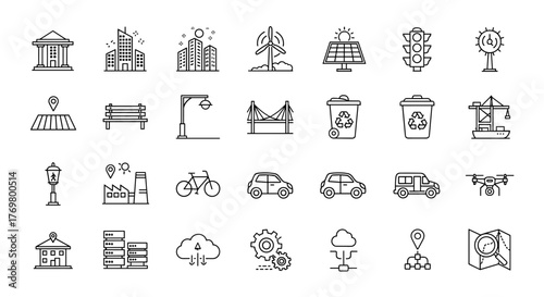 Set of urban planning and smart city infrastructure line icons, including buildings, transportation, renewable energy, and public amenities, presented on a clean white background with editable