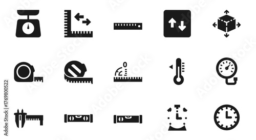 A comprehensive collection of measurement icons, including scales, rulers, size and dimension indicators, thermometers, and gauges, presented in a clean, solid icon style for vector illustration and