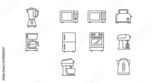 Collection of outline icons representing essential kitchen appliances for home cooking and food preparation, including a blender, microwave, toaster, coffee maker, refrigerator, oven, stand mixer