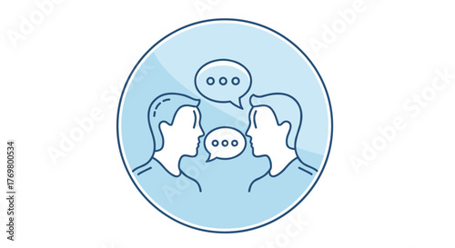 Soft blue concept icon representing openness and social relationships, featuring two silhouetted heads in profile facing each other with speech bubbles indicating dialogue and conversation