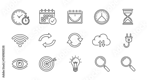 Minimalist icon set featuring time management, connectivity, and vision, vector illustration. Ordered line icon set on a black background, including clocks, calendars, Wi-Fi, refresh arrows, cloud