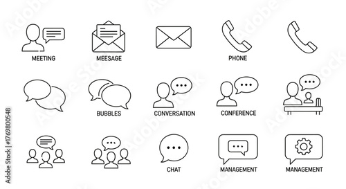 Collection of line icons representing communication and business interactions, including speech bubbles, messages, phone calls, meetings, conferences, and management concepts, all with editable