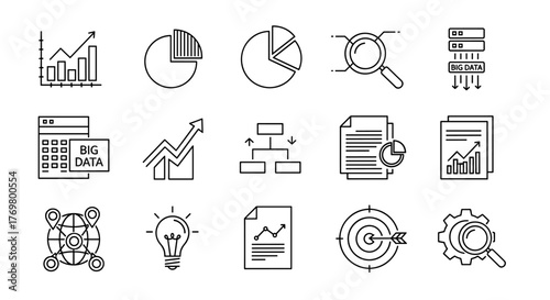 A collection of minimalist line art web icons representing data analysis concepts, including graphs, charts, big data, growth, statistics, and business intelligence, perfect for digital interfaces