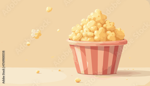 Plastic popcorn bucket filled with fluffy popcorn illustration on beige background
