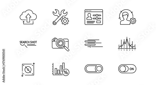 Outline set of user interface line icons, including upload, setup, user setting, interface search, shot interface with a magnifier tool, speed, data analysis, and toggle switch icons, presented in a