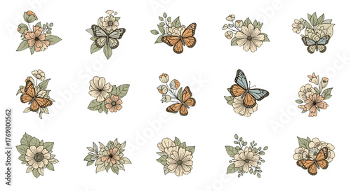 Vintage floral and butterfly illustrations, a charming collection of hand-drawn elements featuring delicate flowers and graceful butterflies in a retro color palette, perfect for logos, invitations