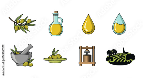 Set of stylized vector illustrations depicting the process and elements of olive oil production, including olives on a branch, a mortar and pestle, a press, a bottle of oil, oil drops, and an olive