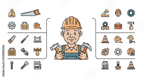 Vintage Line Art Design Template Featuring an Old Man Worker with Hammers, Surrounded by a Collection of Tools and Construction Icons, Perfect for Logos and Branding in the Industry Sector, Presented