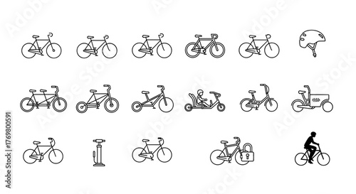 Collection of diverse bicycle icons and a helmet, isolated on a white background, showcasing various types of bikes from road bikes to tandems and cargo bikes, presented as editable vector