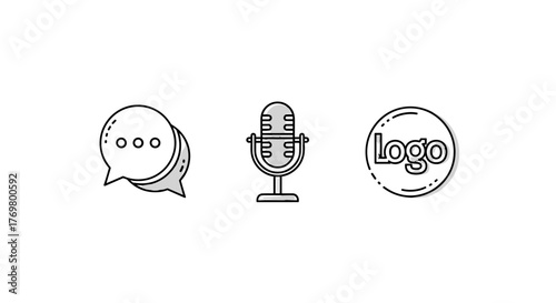 Set of three modern, minimalist icons representing communication and broadcasting: a speech bubble with ellipses for ongoing conversation, a classic retro microphone for audio recording or