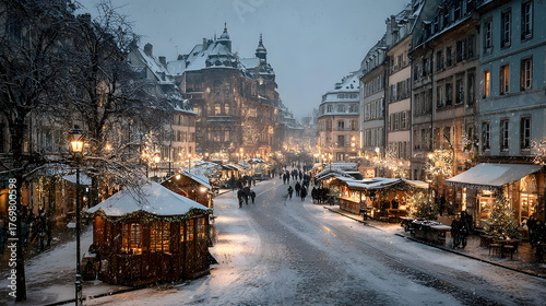 Fototapeta Naklejka Na Ścianę i Meble -  Christmas market under the snow in France, in Strasbourg, Alsace