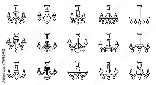 Simple and thin chandelier icon, perfect for websites, books, cards, and apps. This vector cartoon illustration features a clean design on a white background, ideal for various digital and print