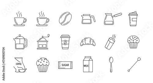 Minimalistic thin outline icons representing coffee and breakfast items, perfect for web design, graphic design, apps, banners, social networks, cards, and vector cartoon illustrations. Includes