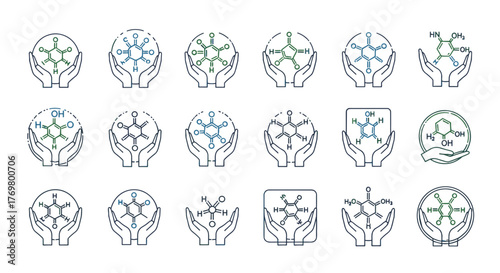 Set of minimalist linear icons depicting various chemical compounds held between open hands, symbolizing scientific research, discovery, and care, presented in a neon outline style on a black