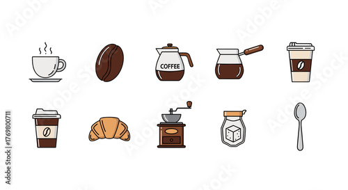 A collection of minimalistic coffee-themed pictograms, perfect for web and graphic design, apps, banners, social networks, and cards. This vector cartoon illustration features a steaming cup of
