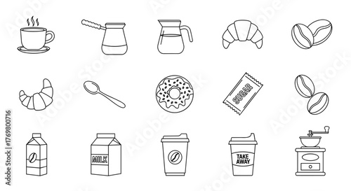 Collection of outline icons representing coffee time essentials, including a steaming coffee cup, cezve, milk jug, croissant, coffee beans, sugar packet, donut, spoon, milk carton, takeaway coffee