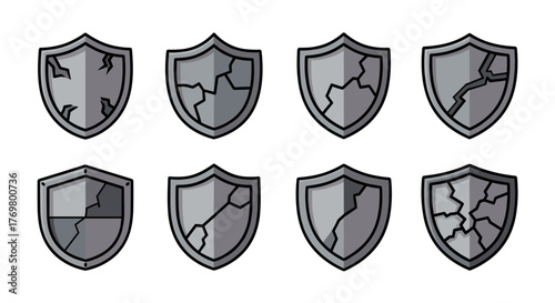 Set of eight cracked shield icons in a cartoon illustration style, presented on a clean white background, perfect for graphic design, app interfaces, and conceptual representations of security