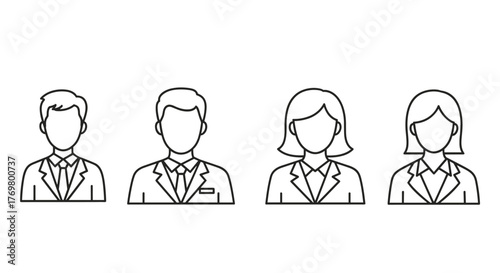 Set of four linear icons representing company staff, including men and women in professional business attire, symbolizing official representatives and teamwork. This customizable vector illustration