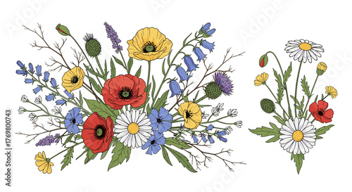 Vibrant watercolor-style illustration of a lush floral arrangement featuring red poppies, yellow buttercups, blue cornflowers, delicate daisies, and purple thistles, interspersed with elegant