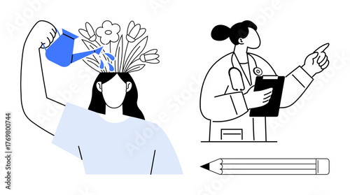 Woman watering flowers on her head, symbolizing mental growth doctor with clipboard pointing in guidance pencil for creativity. Ideal for self-care, education, therapy, mindfulness, creativity