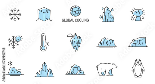 Global cooling minimalistic signs and icons for web and graphic design, apps, banners, social networks, and cards. Vector cartoon illustration featuring snowflakes, ice cubes, thermometers, melting