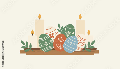 An artistic arrangement of handpainted eggs resting on a rustic wooden table surrounded by soft candles and greenery.