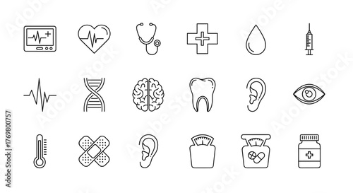 A comprehensive collection of medical and health checkup icons, featuring symbols for vital signs, DNA, brain, tooth, ear, eye, thermometer, bandages, scale, and medication, presented as clean