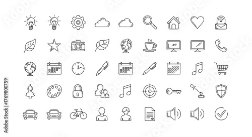 A diverse collection of hand-drawn line icons, meticulously arranged on a clean white background, featuring essential symbols for technology, business, lifestyle, and everyday concepts, perfect for