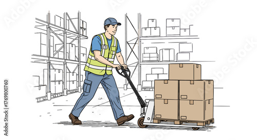 Hand-drawn illustration of a warehouse associate wearing a high-visibility vest and cap, pushing a pallet jack loaded with cardboard boxes through a dimly lit warehouse with shelves stacked high with