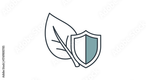 Minimalistic vector icon pictogram of a leaf next to a shield, symbolizing nature protection, environmental safety, and ecological security. This clean and modern graphic is perfect for web design