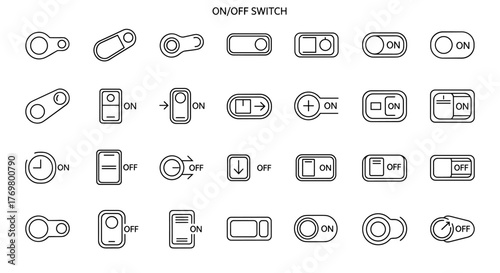 Set of outline icons for ON and OFF switches, presented as a clean and modern line art collection. This vector graphic pack includes various toggle, slider, and button designs suitable for digital