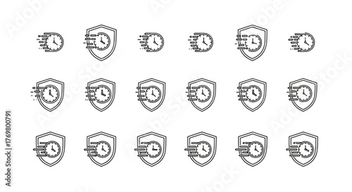 Set of linear icons representing a fast-moving clock inside a shield outline, symbolizing time protection, speed, and security. Ideal for graphic design, web development, app interfaces