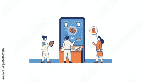 Customers engaging with an artificial intelligence smart kiosk, using advanced technology for an enhanced retail shopping experience, selecting clothing items, on a transparent background